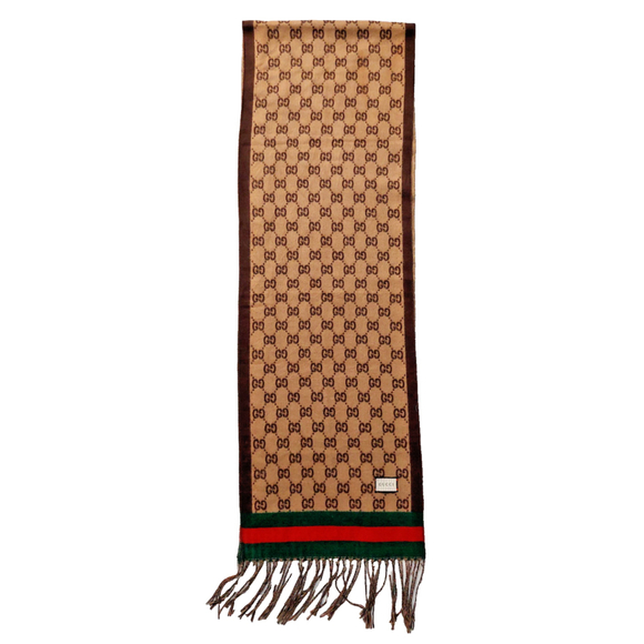Gucci Brown & Tan GG Print w/ Green & Red Stripes Reversible Scarf Pre-owned - Picture 7 of 16